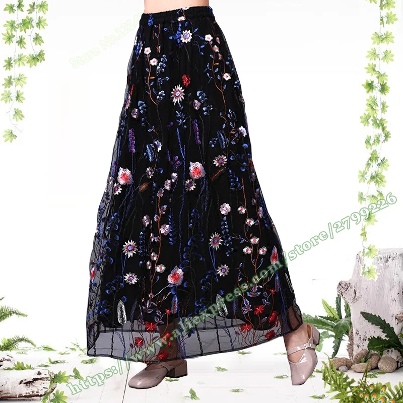 

2019 Spring Summer Fashion a line Large Plus size 7XL 8XL 6XL Black Lace Floral Maxi Female Skirt designs / Long Skirts Womens