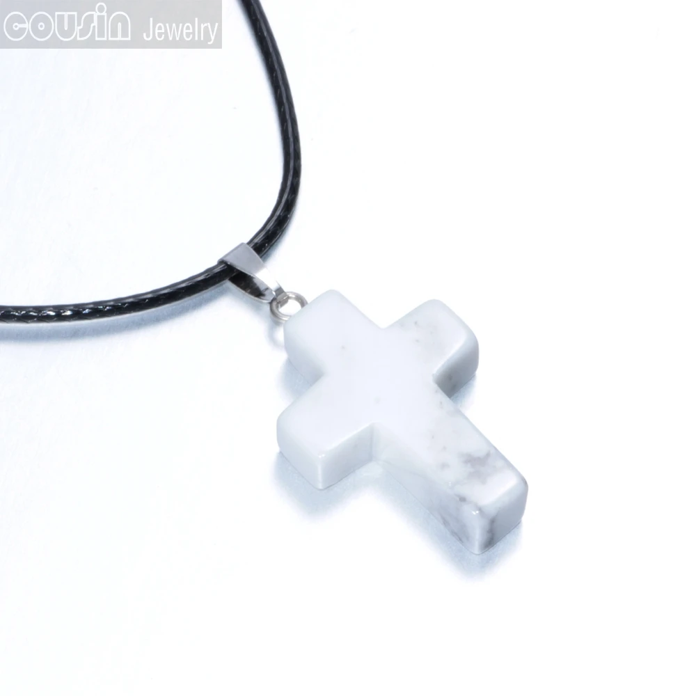 Горячая продажа натуральный кристалл каменный крест кулон с черной кожаной