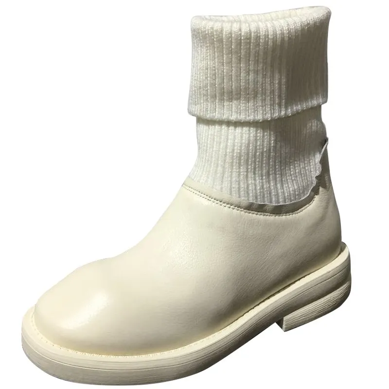 

Women's shoes 2018 new short boots women's autumn and winter thick with leather Korean version with knitted wool short tube flat