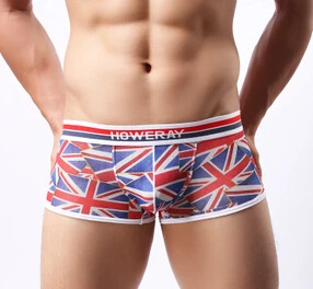 

Hot selling!1pcs brand HOWE RAY union jack figure sexy men's gay underwear low-rise appeal boxers and shiny underwear
