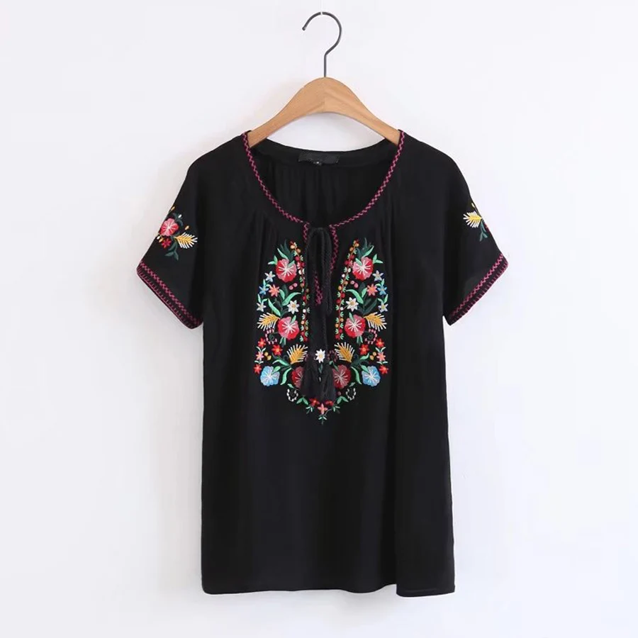 Boho тройники для женщин новые летние винтажные цветочные вышивки с коротким рукавом v-образным вырезом taseel Топ повседневные богемные праздничные женские топы