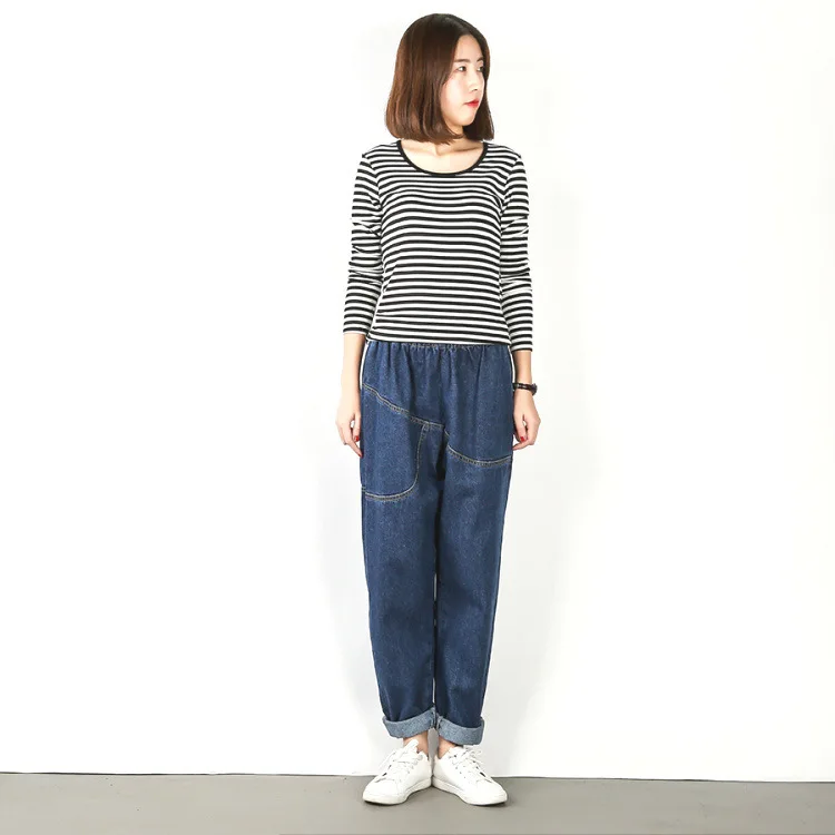 Blue Jeans Женские джинсы больших размеров,, свободные штаны длиной до щиколотки для женщин, черные эластичные женские джинсовые штаны-шаровары с высокой талией, женские брюки - Цвет: Blue Jeans