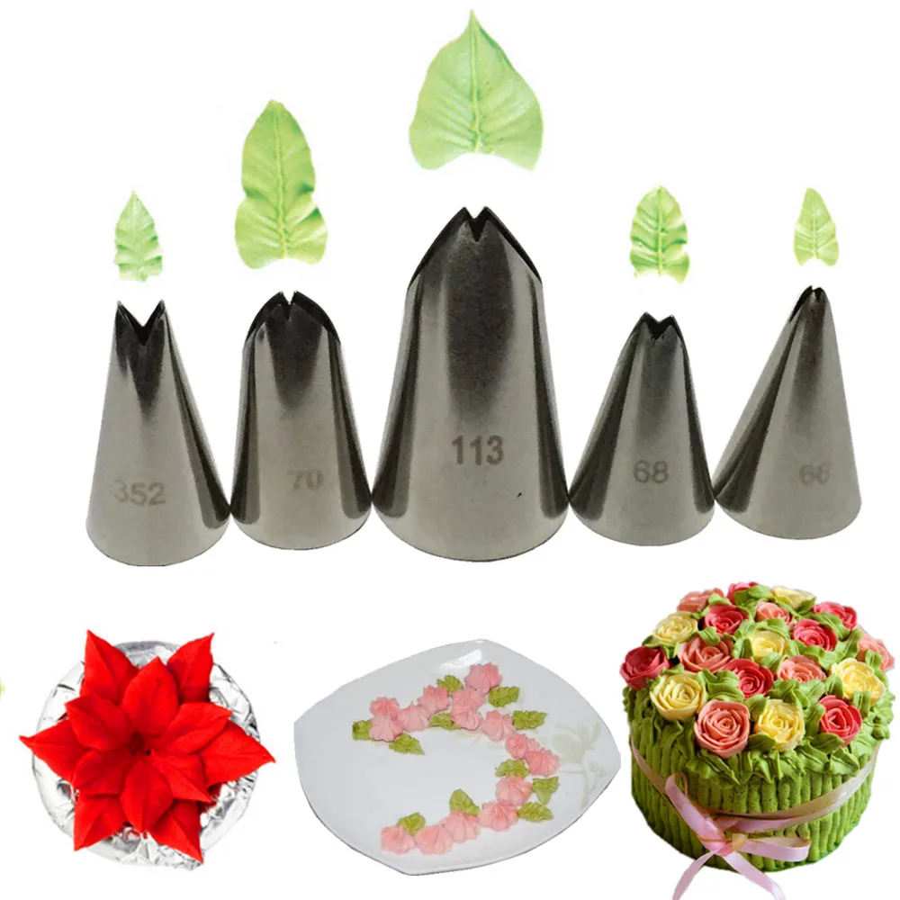

5 pcs set Leaves Nozzles Set Stainless Steel Icing Piping Nozzles Tips Pastry Tips For Cake Decorating Baking Fondant Tools