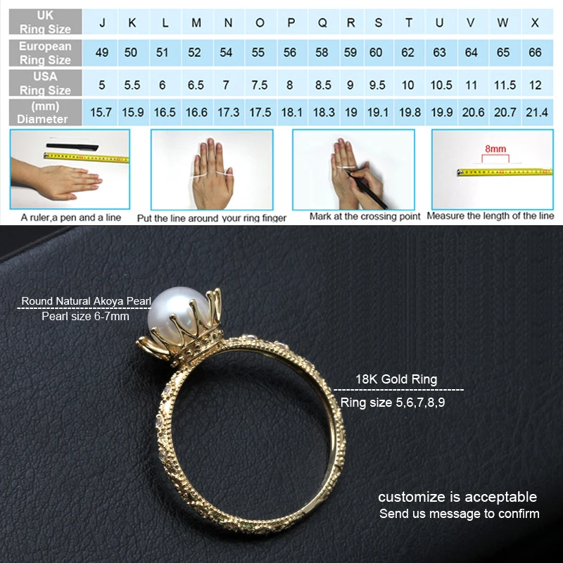 

Real Wedding 18K Yellow Gold Wedding Rings Round Natural Akoya,Pearl Ring Fine Jewelry Anniversary Women Girls Gift in Box
