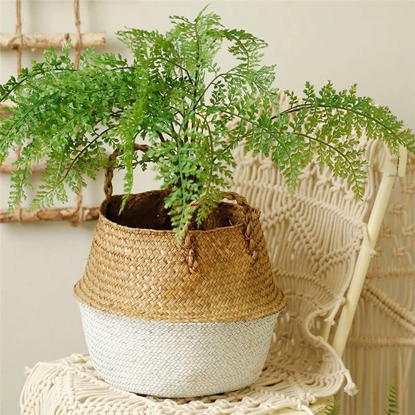 Handmade Bamboo Storage Baskets Foldable Laundry Straw Patchwork Wicker Rattan Seagrass Belly Garden Flower Pot Planter Basket25 | Дом и сад