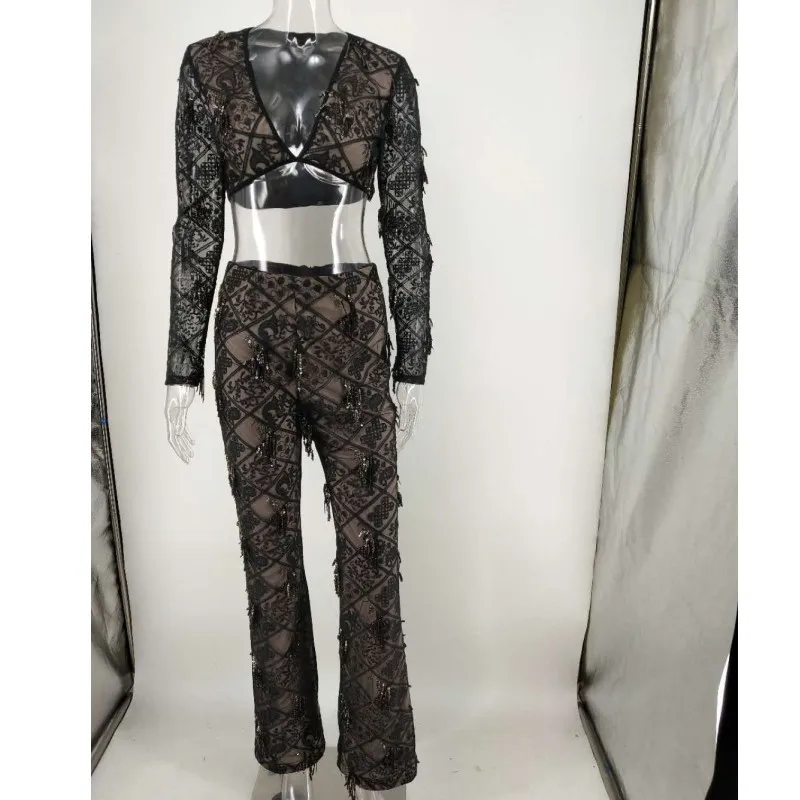 Summer Black Two Piece Suit Womens Set Clothing Sequins Splice V neck Long Sleeve Sexy Top With long pants set A21816 |