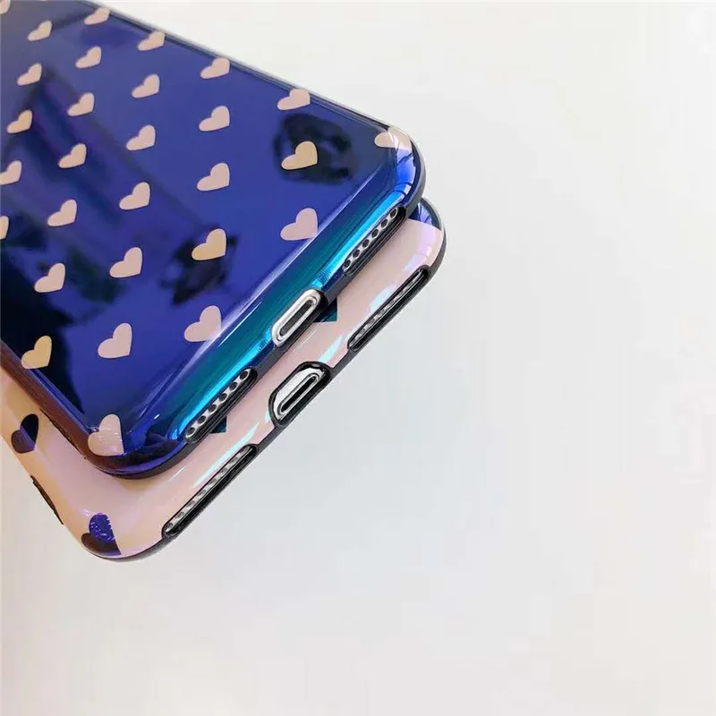 Newly Blue Light Ray Case Cute Navy Pink Love Hearts Pattern Phone Full Covers For iPhone X 6 6s Plus 7 8 Fundas Coque Capa |