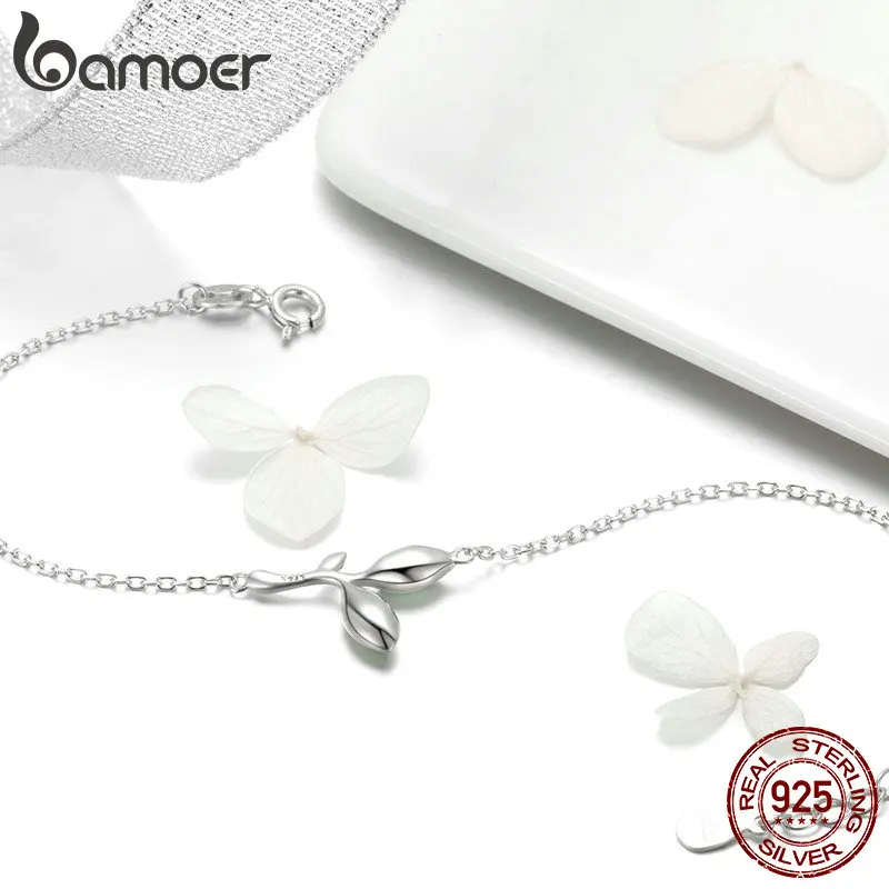BAMOER, 925 пробы, серебро, надеюсь, зеленое дерево, листья, почки, эмаль, женские браслеты на цепочке, для женщин, Стерлинговое Серебро, ювелирное изделие SCB112