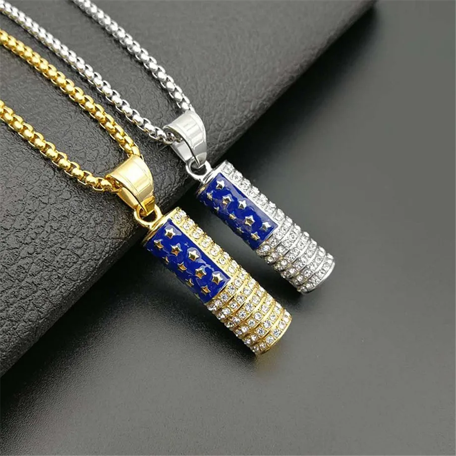 

American Flag,USA Patriot Freedom Stars 4th of july Cylinder Pendant Necklace Women Men Gift Stainless Steel Jewelry