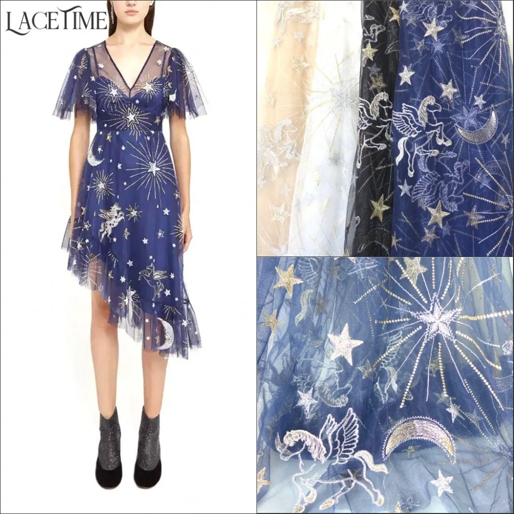 

120cm Wide 3 Yards Star Horse Moon With Gold Silver Thread Mesh African Lace Fabric In Navy Blue/Champagne For Bridal Gowns