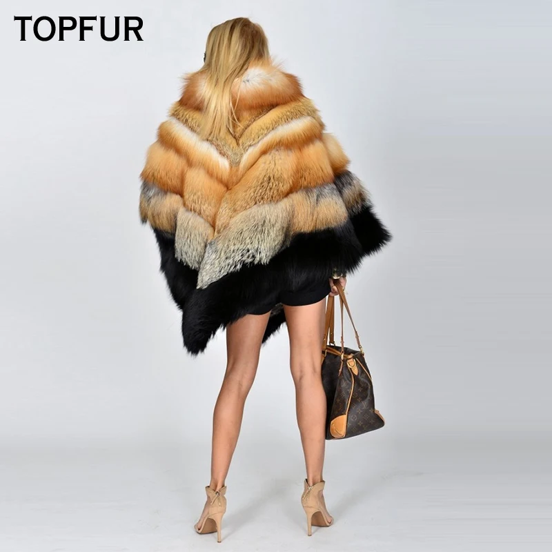 TOPFUR Real Fur Coat Women Natural Fox Fur Cape Women Cape Shawl Real Red Fox Fur Cape Shawl Bat Sleeved Fox Fur Cape Streetwear
