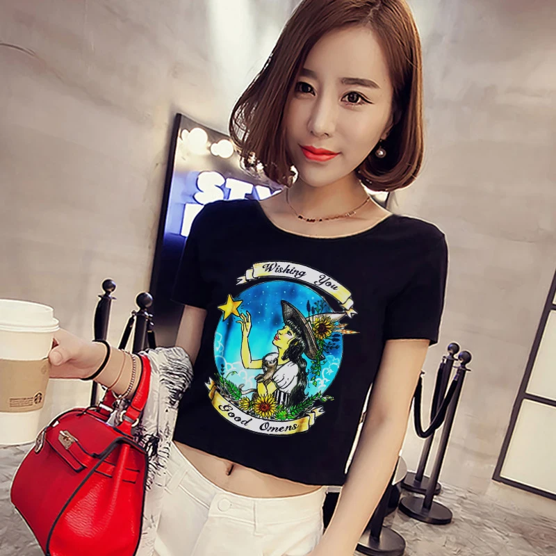 Sexy Crop Top T Shirt Women Short Sleeve O-Neck T-Shirt Summer Funny Wish Good Omens Gothic Harajuku Aesthetic Brand Tee Femme | Женская