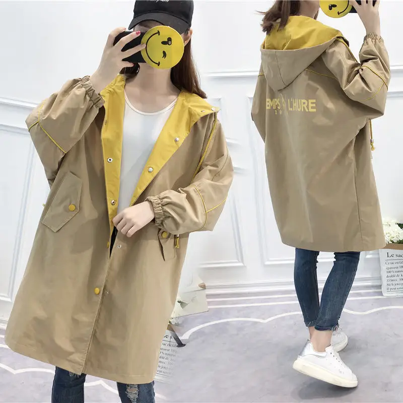khaki X569 Весна Осень корейский длинный секционный Harajuku стиль BF Тренч Женский студенческий свободный с капюшоном ветровка женская верхняя одежда - Цвет: khaki X569