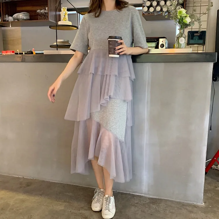 

New Fashion Short-sleeved Mesh Stitching Irregular Cake Dress