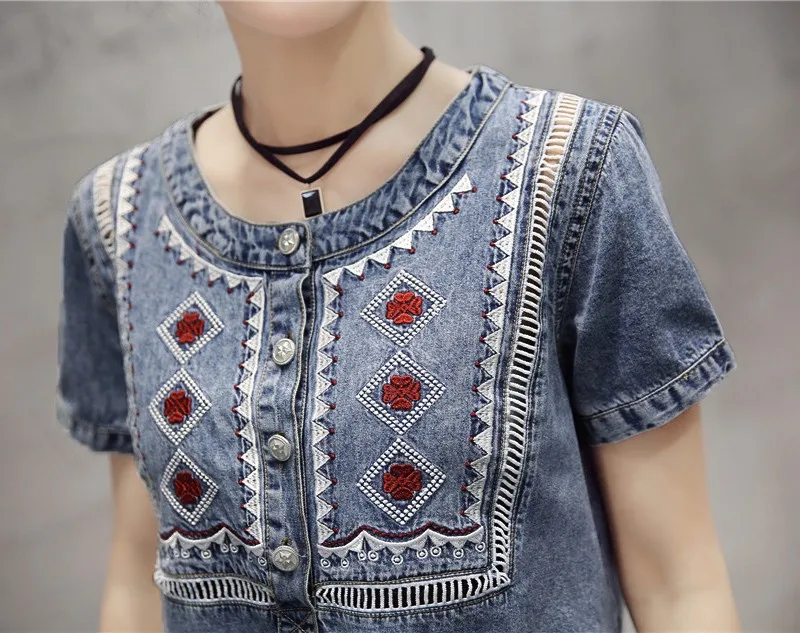 2019 платье из джинсовой ткани с вышивкой в винтажном стиле Мягкие повседневное