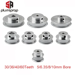 GT2 Timing Pulley 30 36 40 60 Зубья Алюминиевое отверстие 5 6.35 8MM для ширины пояса 6мм 10мм пояс для 3D-принтера Reprap