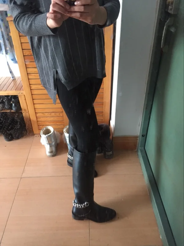 Newest Real Leather Black Motorcycle Boots Woman Round Toe Silver Chain Knee High Boots Women Fashion Shoes zapatos mujer 35-41