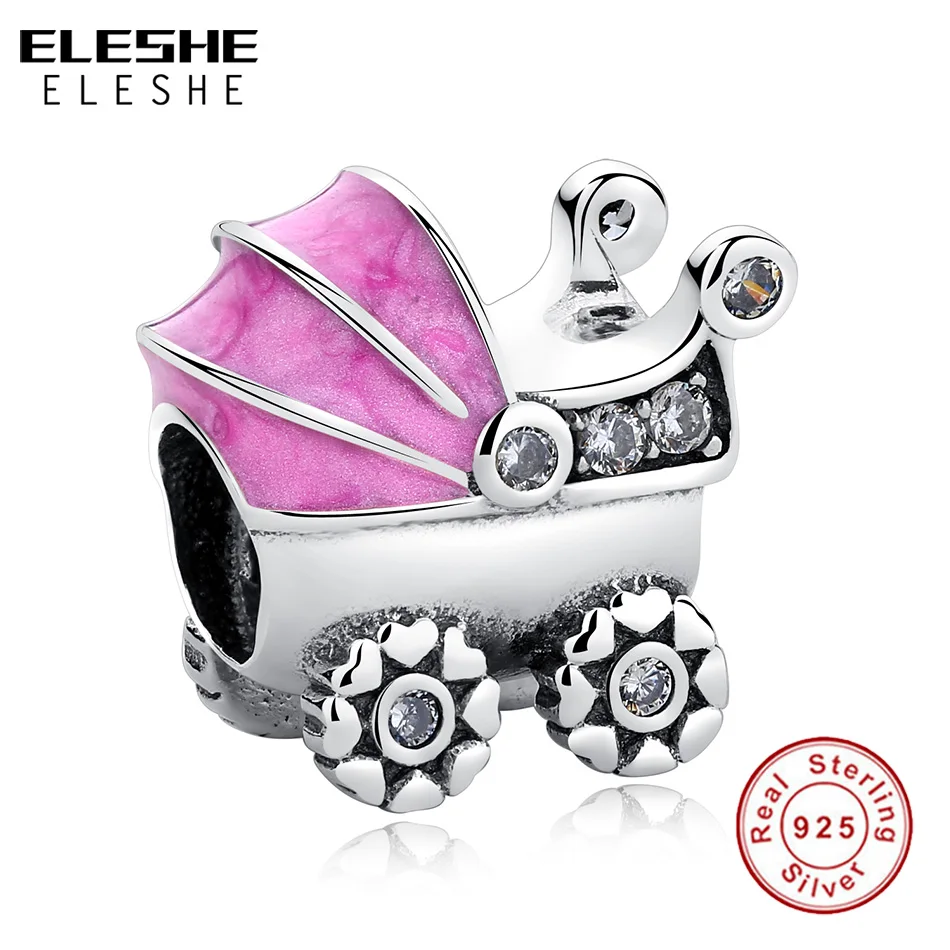 ELESHE, 925 пробы, серебряные подвески, бусины, кристалл и Розовая эмаль, детская коляска, автомобиль, шарм, подходит для аутентичного браслета, сделай сам, оригинальные ювелирные изделия