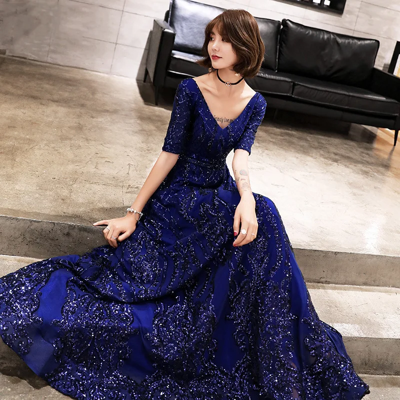 2019 Sunmmer Autumn Women Dress Blue Sequin Long Vintage Haute Couture Noble Elegant Gown Birthday Girl's Shirt A298 | Женская