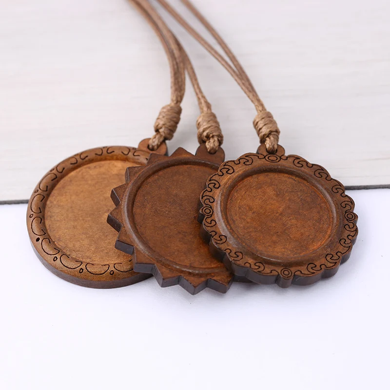

reidgaller 5pcs blank wood pendant base tray 25mm 30mm dia round cabochon settings with leather cord diy jewelry accessories