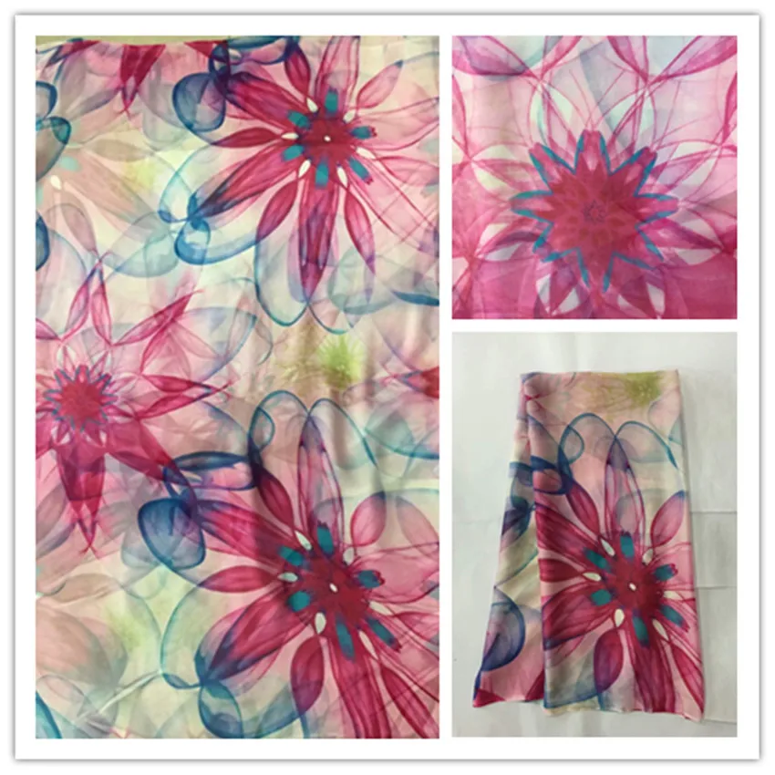 

140cm Thin 100%Pure Natural Mulberry Silk Chiffon Digital Printed Blue Fabric Material Textile Sew Women Dress Scarf Cloth DS28