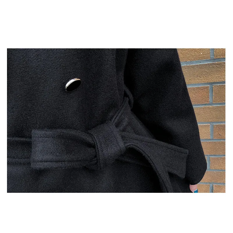 

2019 Women Autumn Winter New Wool Coat Black Long-Sleeved Lapel Double-Breasted Button Blouse A-Line Elegant Ladies Jacket