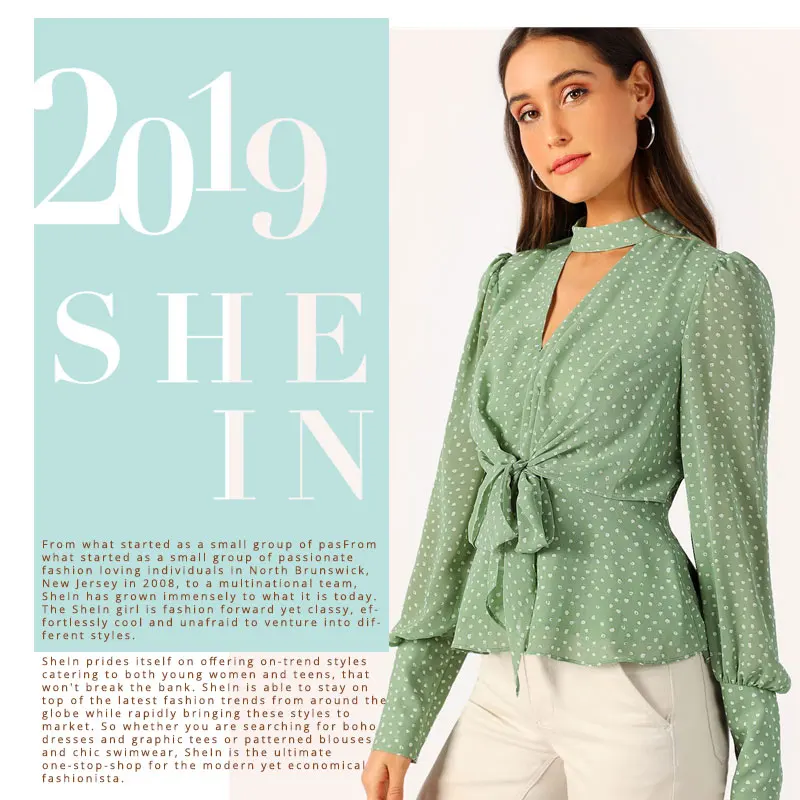 SHEIN зеленый чокер с v-образным вырезом, с узлом спереди, с рукавом Бишоп, топ с баской, блузка женская, элегантная, весенняя, винтажная, для офиса, женские блузки