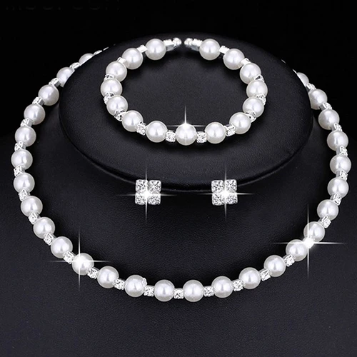 necklace set Модный свадебный ювелирный набор жемчужные вечерние подарок на выпускной вечер серебряный браслет с кристаллами ожерелье серьги для женщин ювелирные наборы - Окраска металла: necklace set
