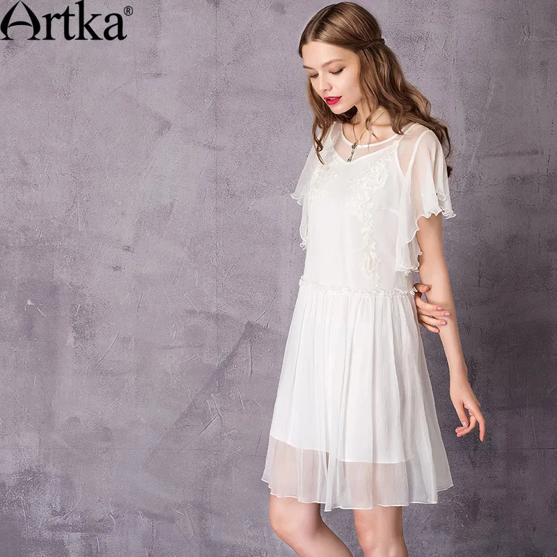 ARTKA Женская 2018 Лето Белый хлопок и шелк вышивка платье Винтаж o образным вырезом