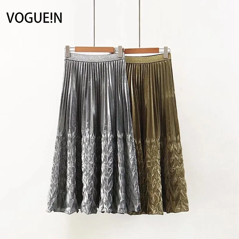Женская Плиссированная Юбка-миди VOGUEIN серебристая золотистая трапециевидная |