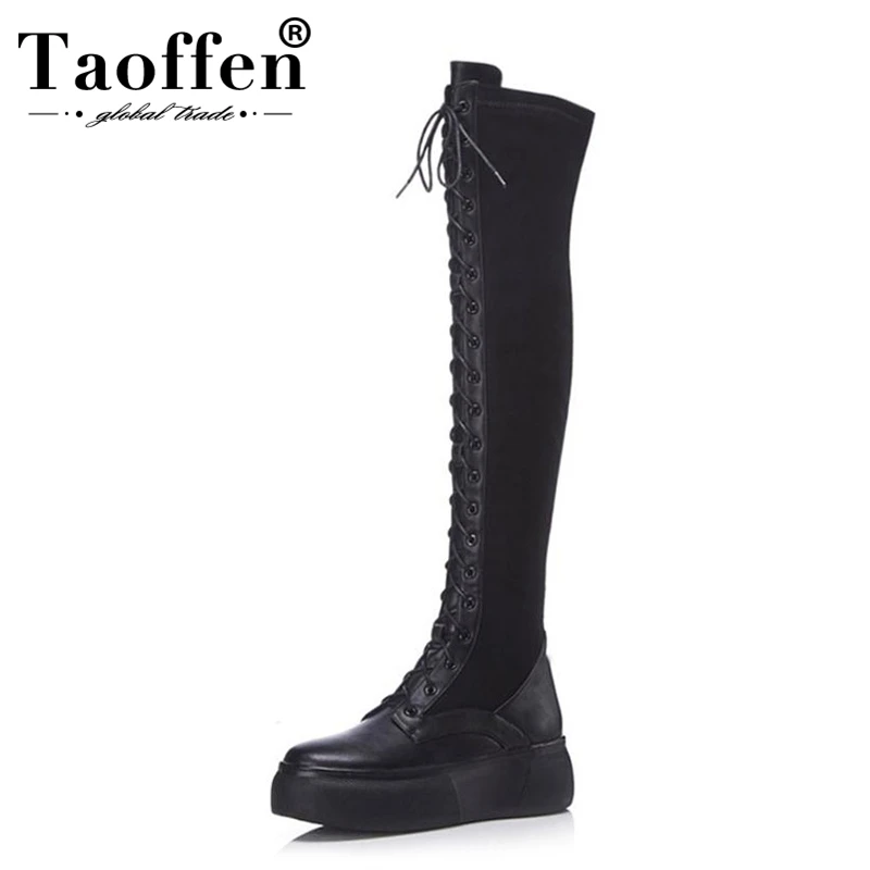 Женские зимние сапоги ботфорты Taoffen из натуральной кожи на толстой подошве со