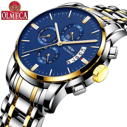 OLMECA новые черные мужские часы из нержавеющей стали relogio masculino роскошные брендовые аналоговые спортивные наручные часы кварцевые деловые часы - Цвет: Gold Blue