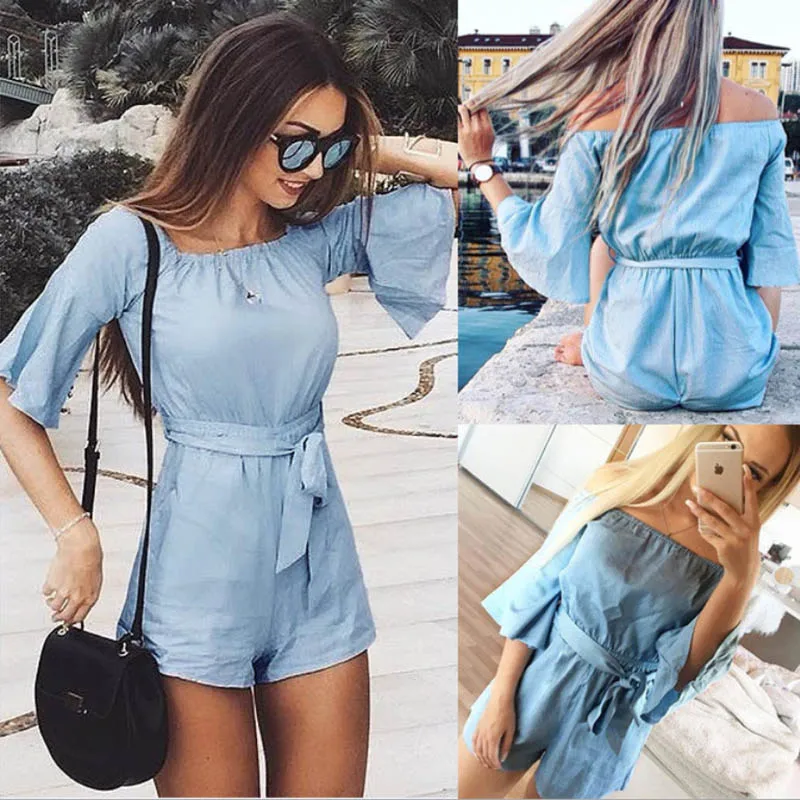 Vancol 2017 summer Women slash Neck bodysuit flare sleeve sashes Jumpsuit solid One-Piece romper beachwear regular Sexy playsuit | Женская