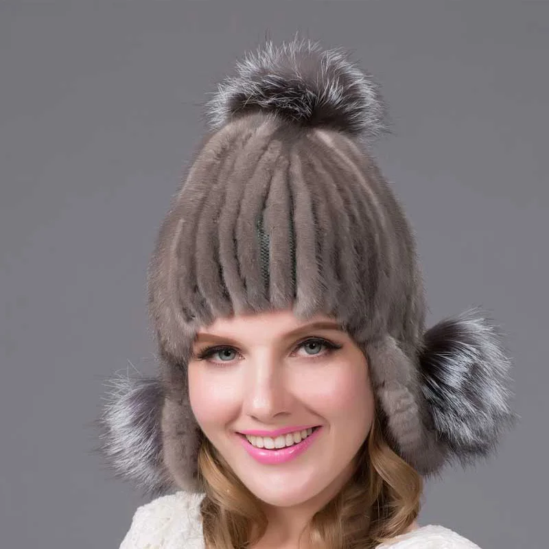 

JKP Women's Bomber Hats Real Mink Fur Hat Fox Fluff Ball Winter Fall Protection Cap Hat Knit Natural Fur Cap Bomber Hat DHY-23