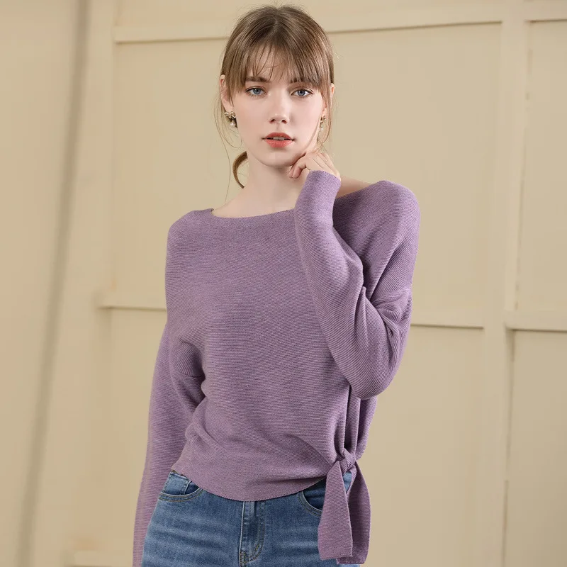 

Women's Tops Loose Batwing Sleeve Woollen Kintted Sweater with Lacing