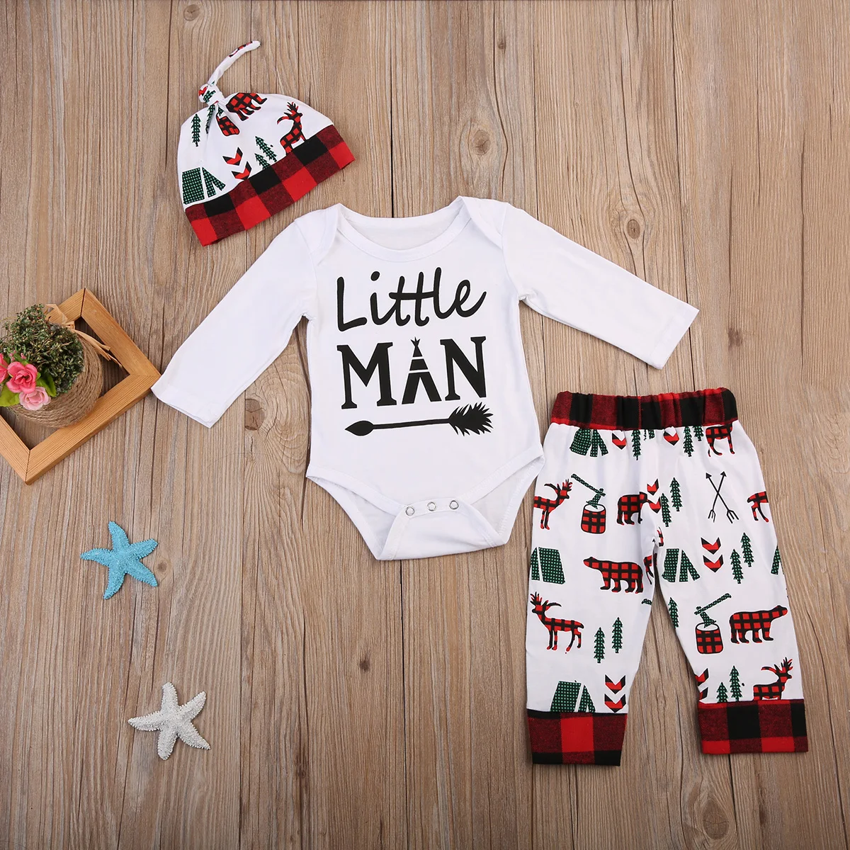 Little Man Long Sleeve Romper New 2017 Newborn Baby Boys Christmas Outfits ClothesRural map Animal Tree Pants Set |