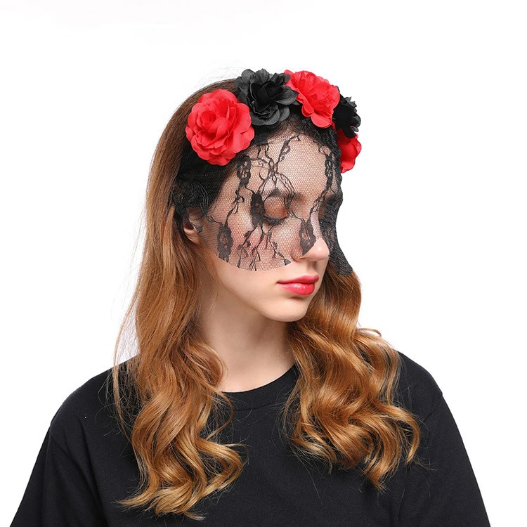 Europe and the United States new rose flower lace veil headdress Christmas Halloween Queen retro headband wholesale |
