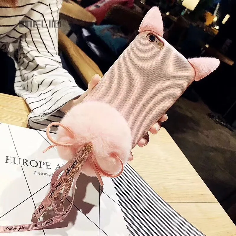 Luxury Fox Fur Ball Phone Case For iPhone 6 6S Plus 6Plus Cut Cat Ear Cartoon Girl Winter |