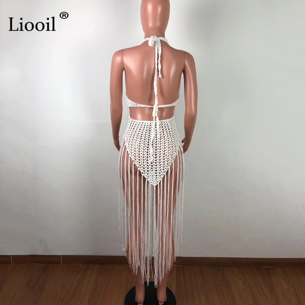 Liooil Сексуальное Платье макси с открытой спиной и кисточками женская одежда открытое Сетчатое Клубное платье на шнуровке черные белые вечерние длинные платья