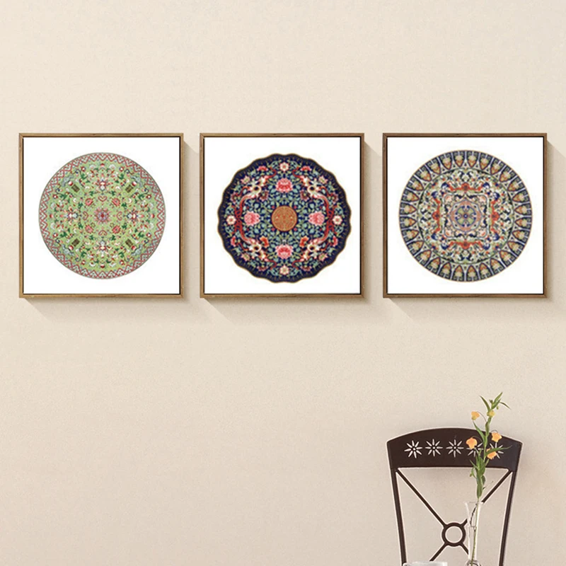 

HAOCHU Triptych Bohemia Indian Style Earth Tone Floral Totem Circle Plate Oil Canvas Painting Wall Pictures Coloring By Numbers