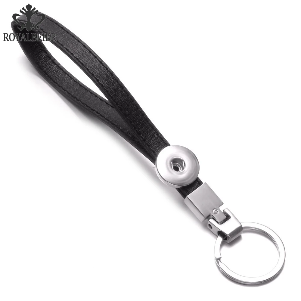 

RoyalBeier Black PU Leather Rope Key Rings Fit 18mm DIY Snap Pendant Hanger Key Chains Holder Car Keyrings Men Women Keychain