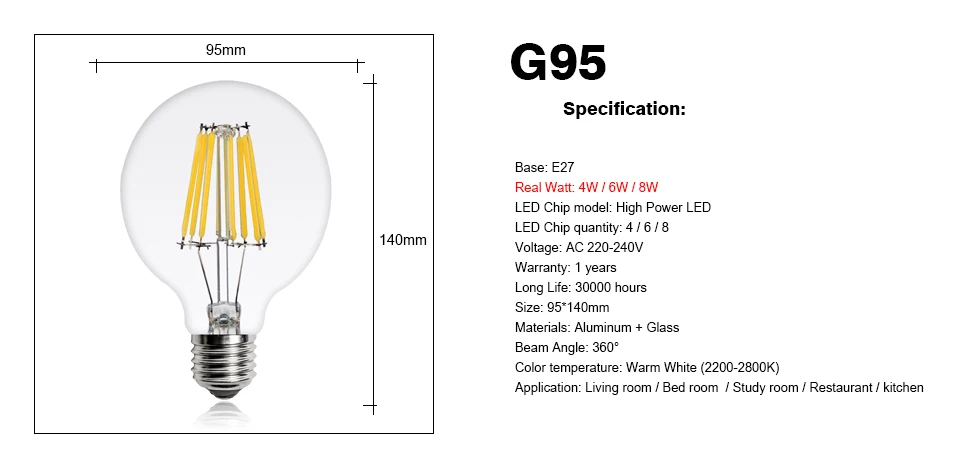 4 шт. светодиодный лампы Эдисона G45 G80 G95 ST64 A60 Винтаж светодиодный подвесной светильник лампа накаливания E27 220V светильник 2 Вт 4 Вт 6 Вт 8 Вт накаливания Ретро светильник s