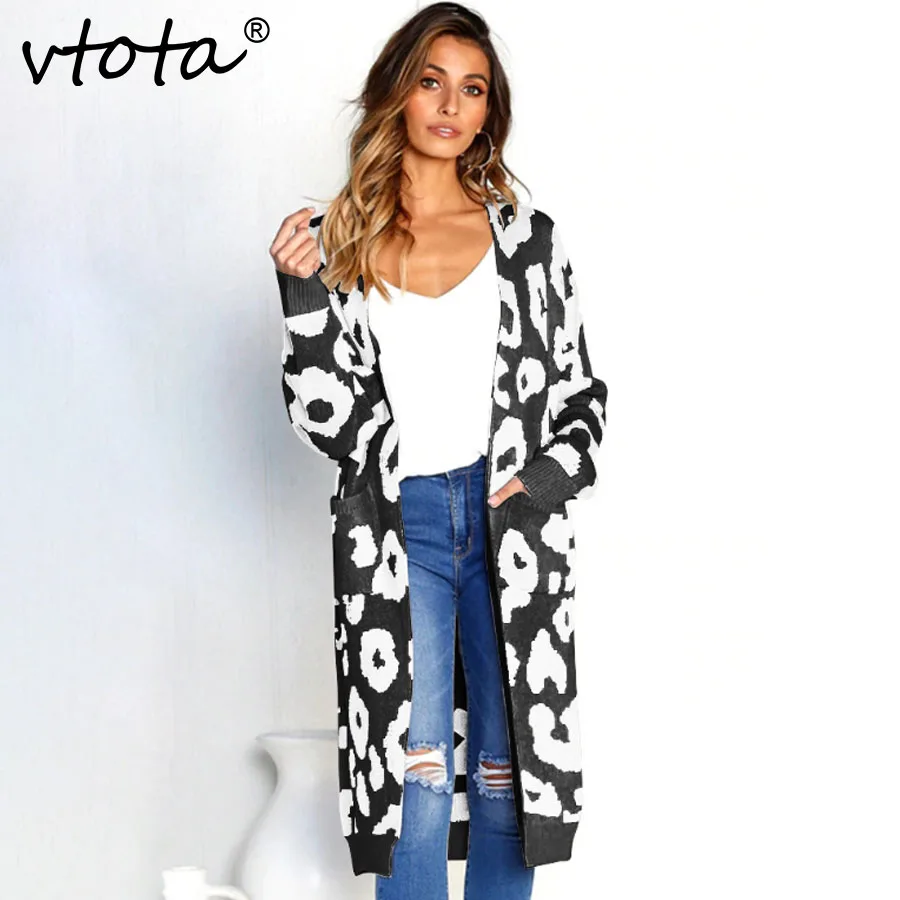VTOTA 2018 Autumn Outwear Coats Women Cardigan Long Leopard Knitted Sleeve Sweater Overcoat For Female C20 |