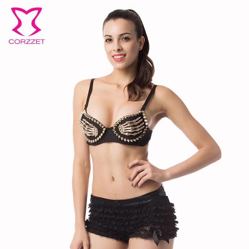 Gothic Gold Skeleton Hands Spike Bra Push Up Brassiere Underwear Women Punk Clubwear Rivet Studded Bras Bralette Sexy Lingerie | Женская