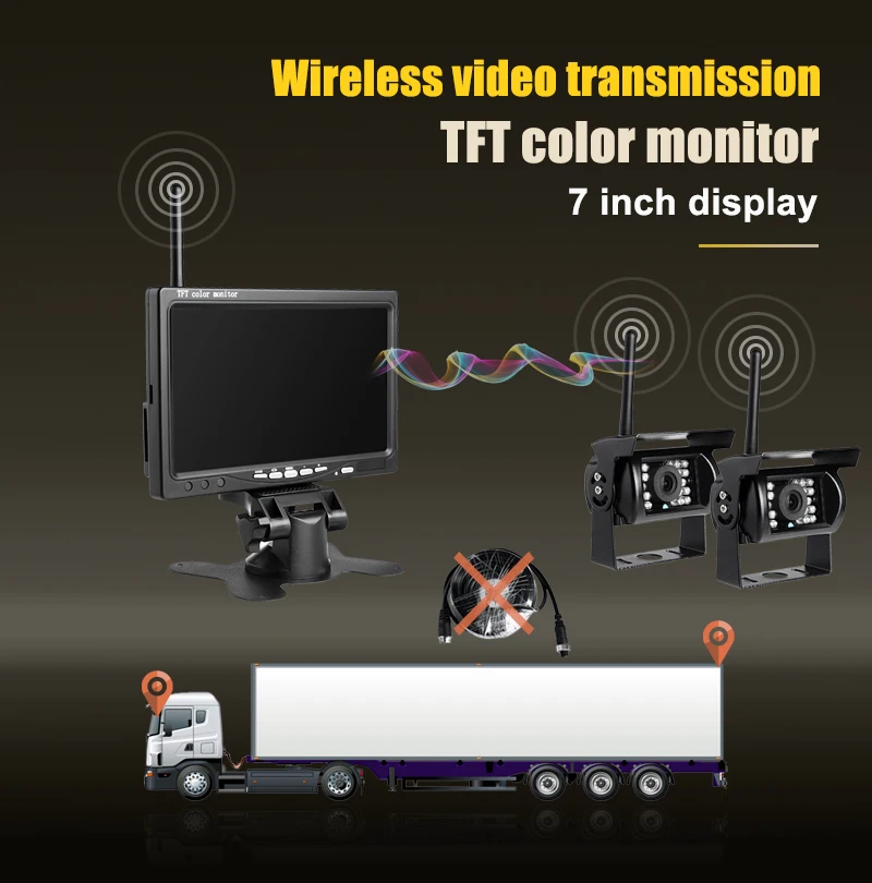 

12V-24V 7 Wireless TFT LCD HD Reversing Monitor +2x Trailer Truck RV 18LEDs Waterproof Night Vision Rear View Camera