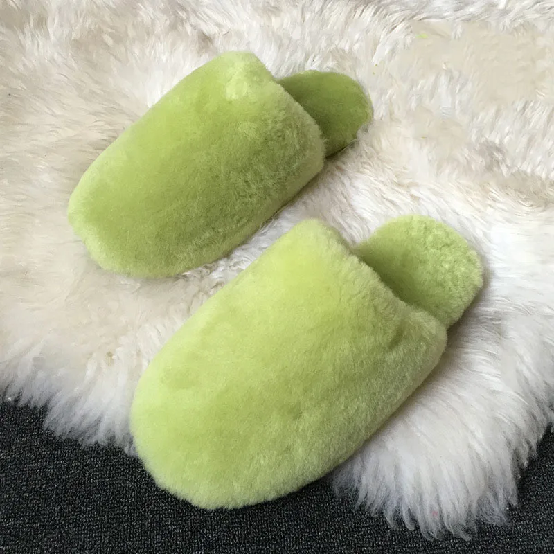 Apple Green Тапочки из натуральной овечьей кожи наивысшего качества; модные зимние женские домашние тапочки; теплые шерстяные домашние тапочки; женская повседневная домашняя обувь - Цвет: Apple Green