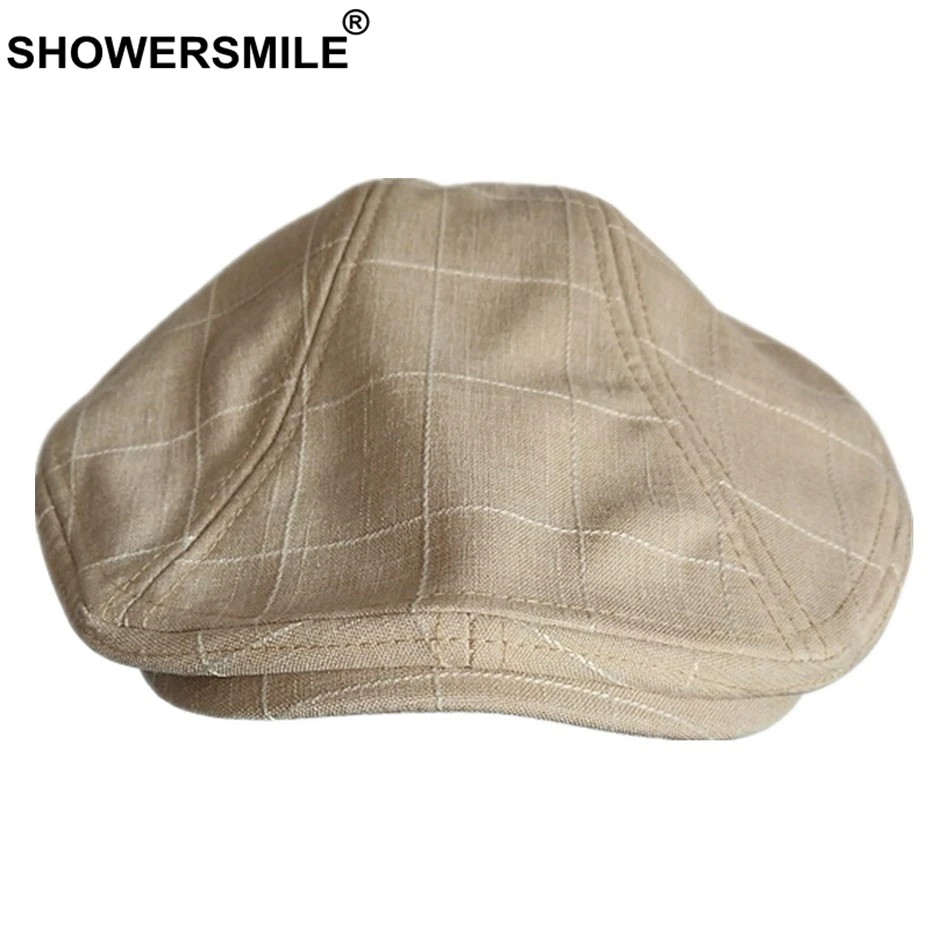 SHOWERSMILE, повседневная мужская кепка, летняя, льняная, берет, шапка, мужская, в клетку, серая, гусиная лапка, дышащая Кепка, s бренд, Duckbill, кепки для езды