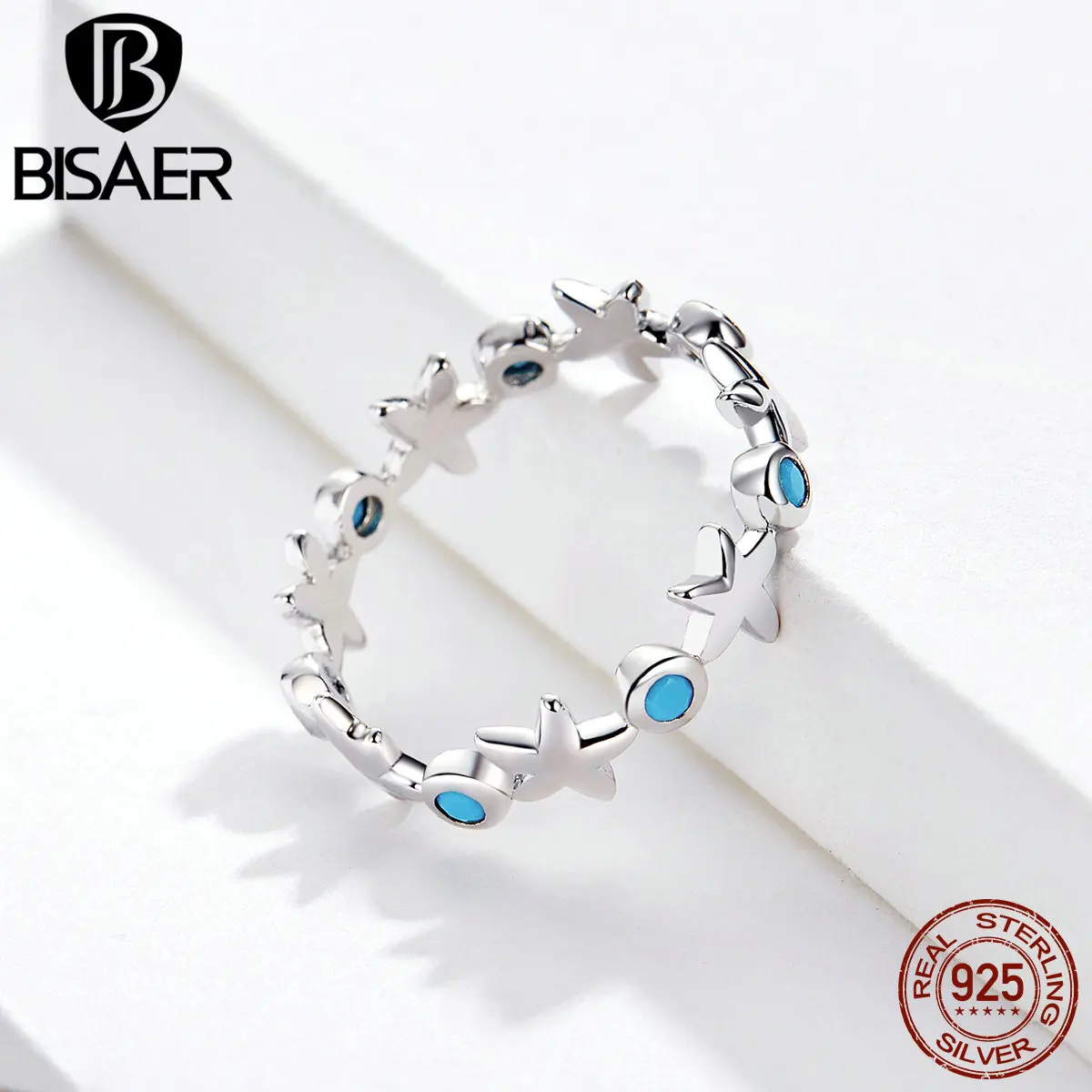 BISAER Цветок 925 пробы Серебряный Штабелируемый Морская звезда форма кольца для женщин 6 7 8 Размер обручальное кольцо ювелирные изделия Anel ECR527