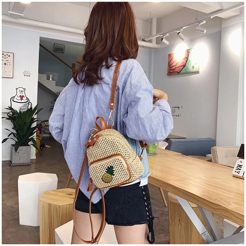 

Straw Bag Woven Backpacks 2019 New Simple Mini Ladies Straw Beach Backpack Fashion Middle School Backpack Zipper DG382