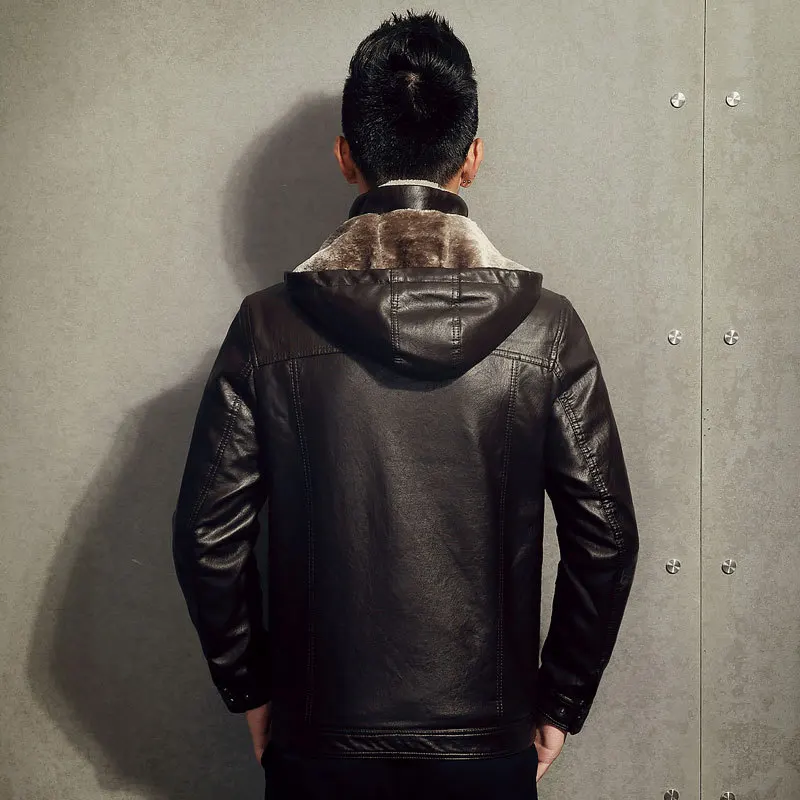 

Men's winter wear leather young men's self-cultivation leisure removable hooded leather jacket pu Leather